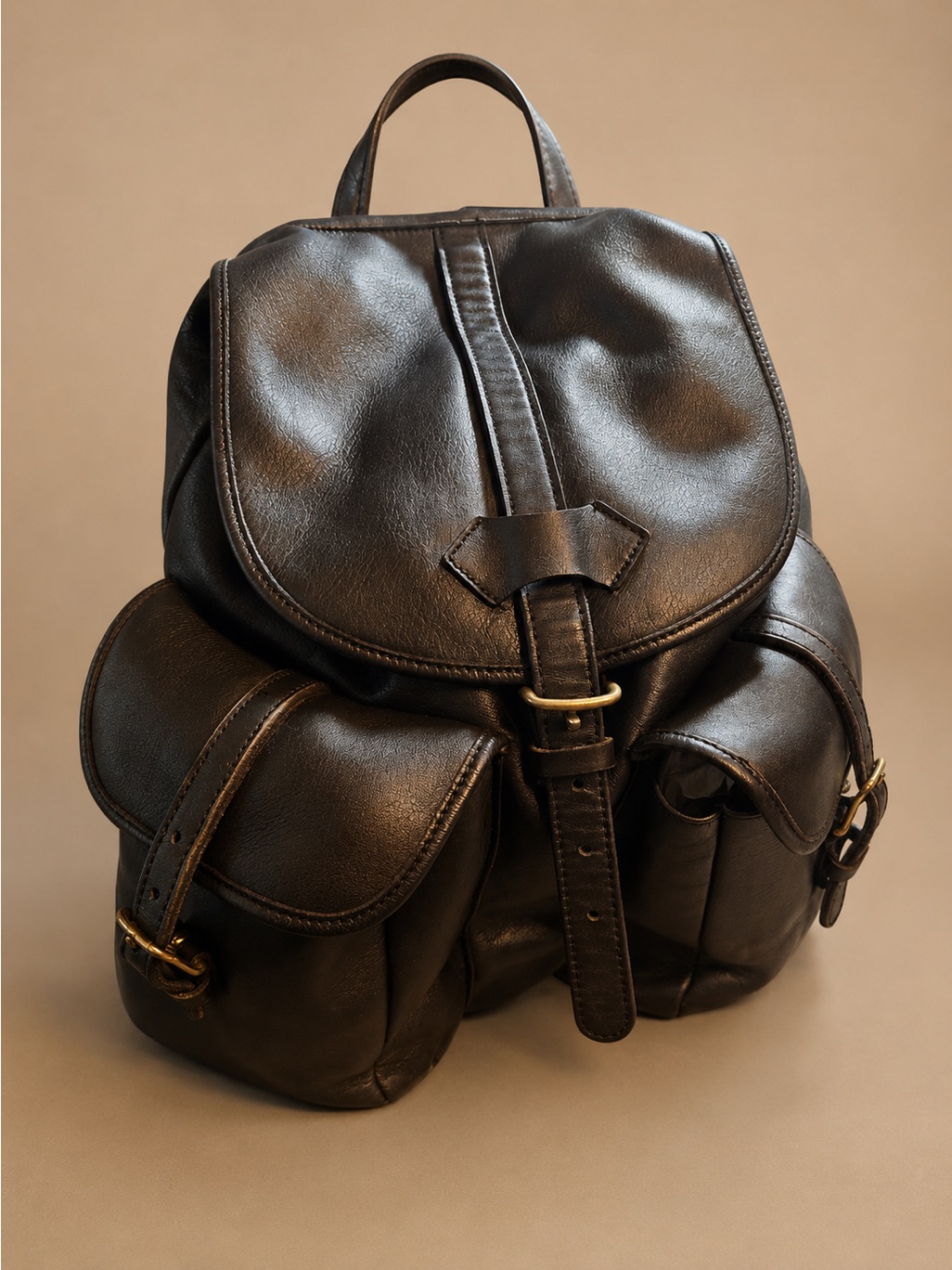 Vintage Black Leather Backpack Soft Leather With Cargo Pockets